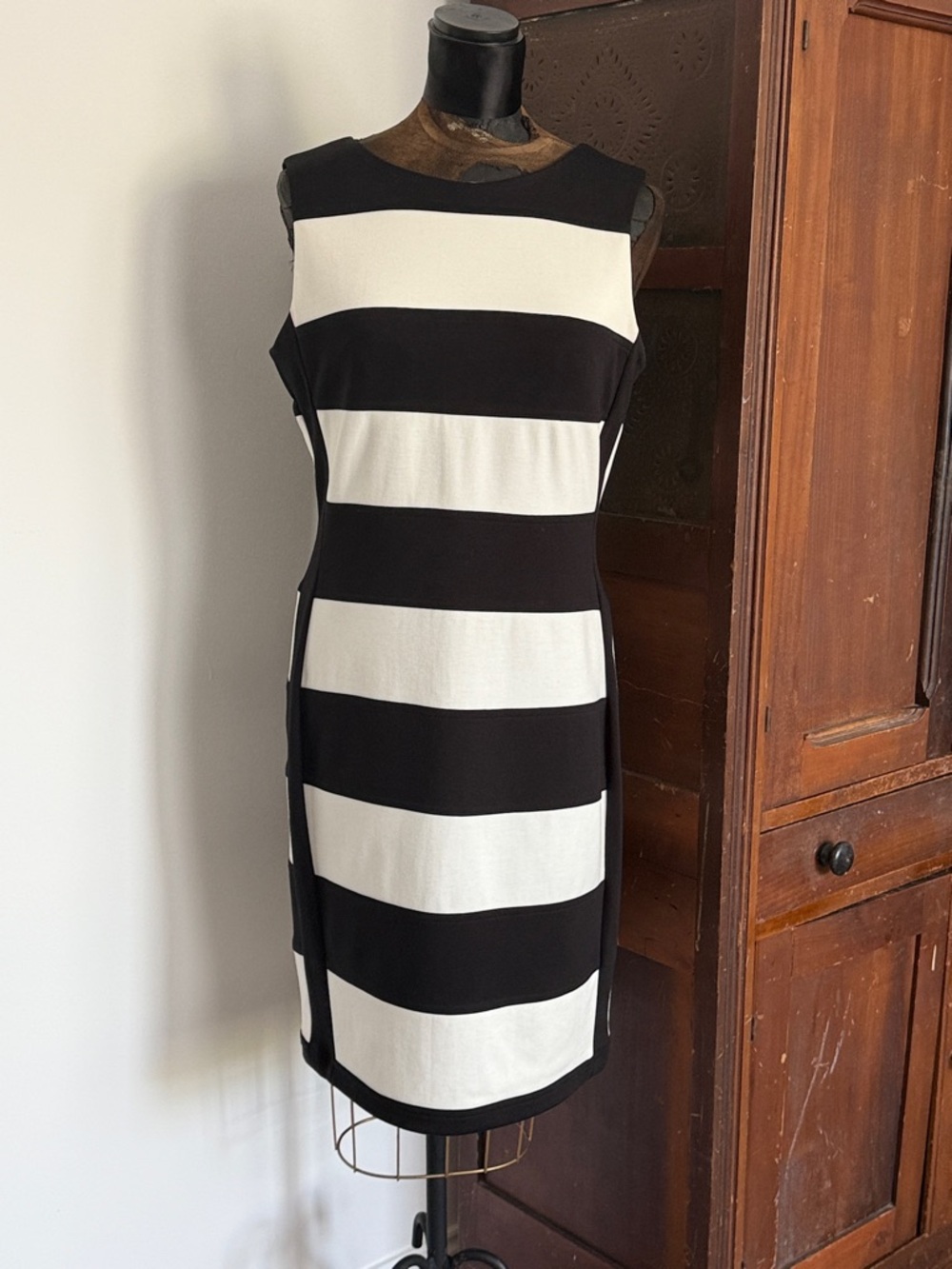 Calvin Klein Black and White Striped Midi Sheath Dress